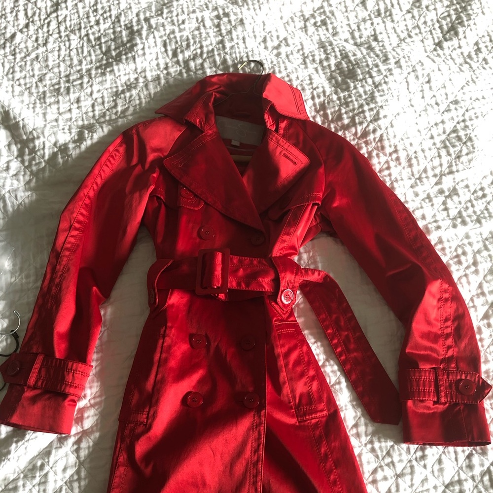 Jessica Simpson red shinny trench coat with belt